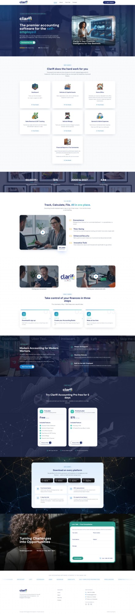 Clarifi Accounting Pro landing page showing the self-employed accounting dashboard