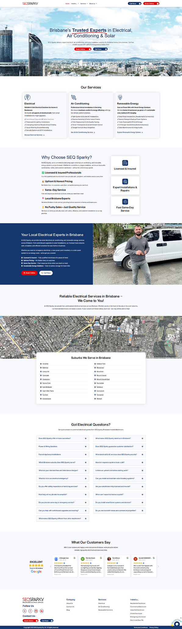 SEQ Sparky electrician website showing responsive design on desktop and mobile featuring service booking, emergency electrician callout button, and Brisbane service area map